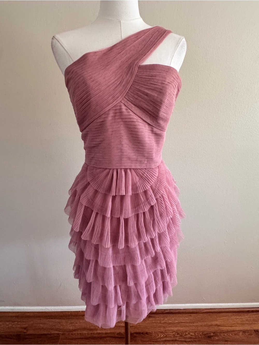 BCBGMaxAzria Y2K Dusty Rose One-Shoulder Ruffle Cocktail Dress